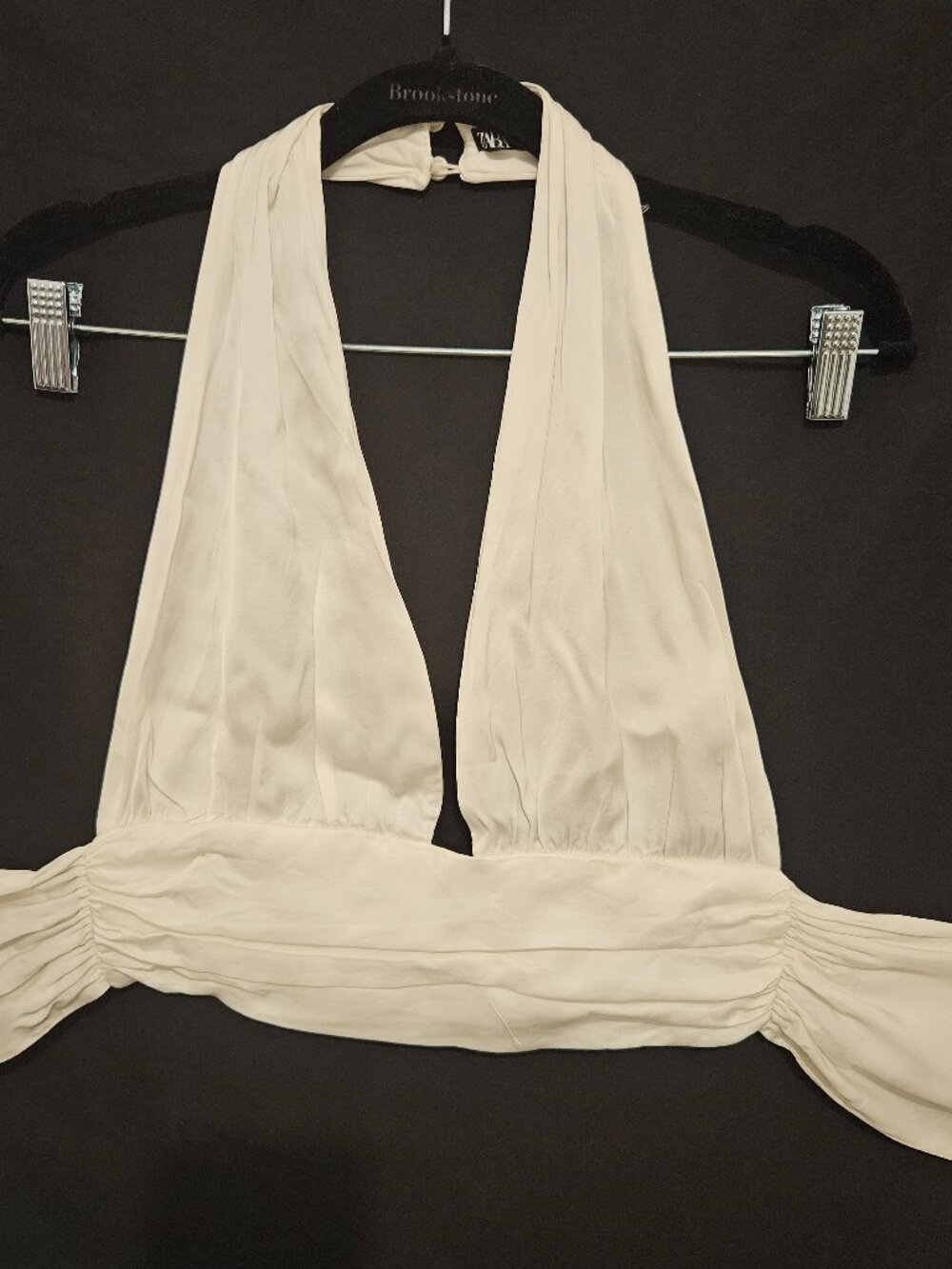 Zara Satin Halter Crop Top Off-White Deep V Neck Open Back Tie Waist S